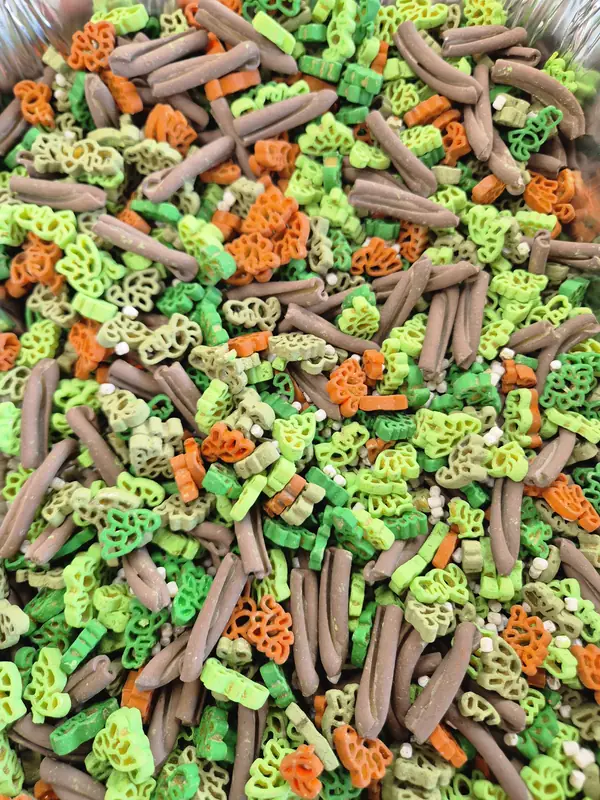 Close-up of dyed pasta shapes in green, orange and brown, ready for a sensory tray.